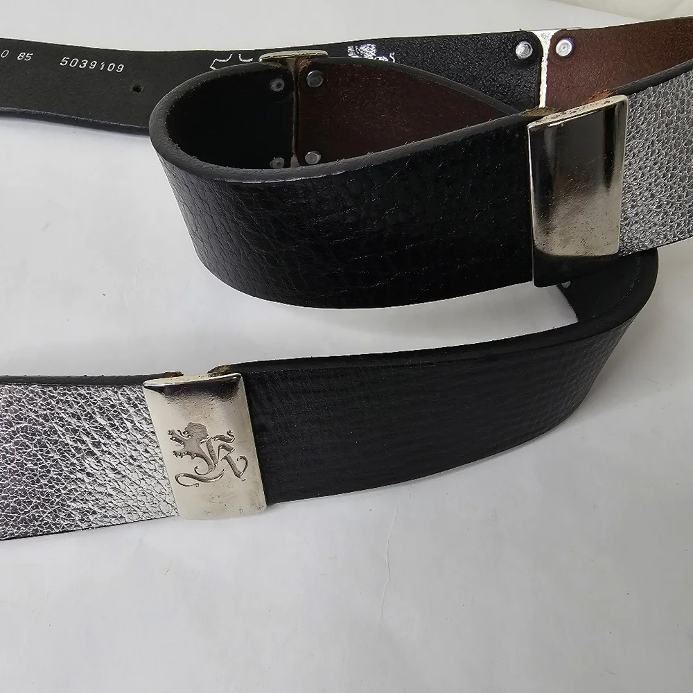 Otto Kern Silver, Black & Metal Leather Belt Large Silver Buckle